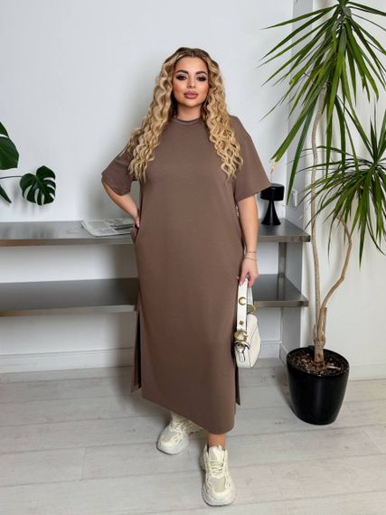 Женское платье-футболка длинное с коротким рукавом, больших и батальных размеров IS870, цвет мокко, размер 54/56