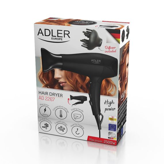 Фен для волосся Adler AD 2267, 2500 Вт, складна ручка, гумований корпус, дифузор, концентратор | Зображення 9