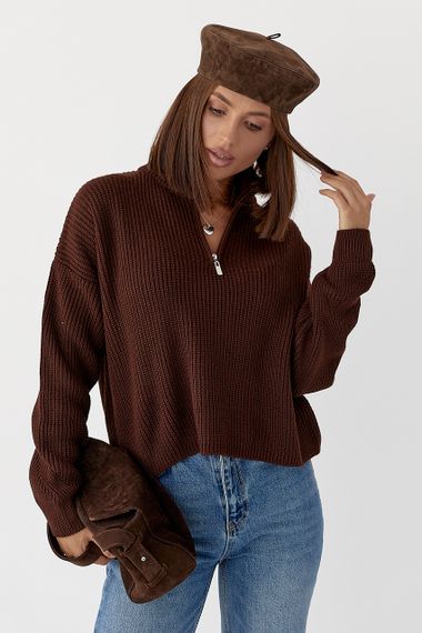 В'язаний светр із блискавкою на горловині - темно-коричневий цвет, ONE SIZE (є розміри)