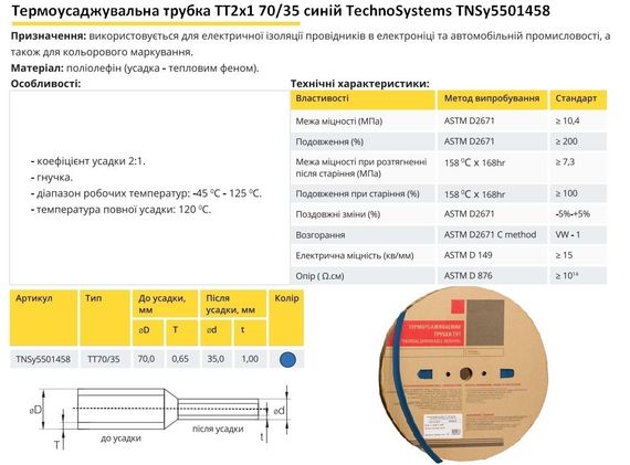 Термоусадочна трубка ТТ2х1 70/35 синя в рулонах Ny95501458 | Зображення 1