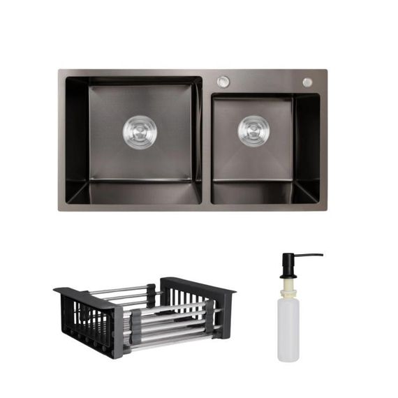 Комплект Lidz Handmade H7843 Мойка для кухни с двумя чашами интегрированная BlackPVD в комплекте с дозатором + Lidz K01B Корзина
