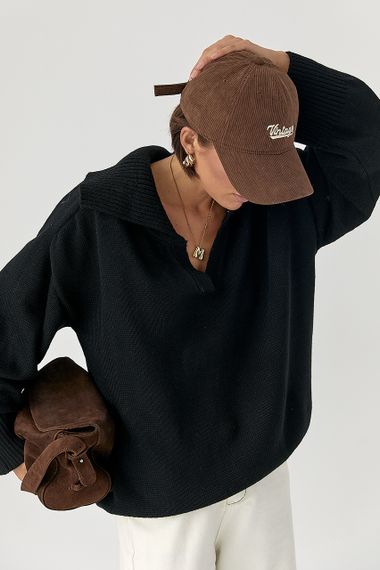 В'заний светр-поло вільного крою - чорний цвет, ONE SIZE (є розміри) | Зображення 4