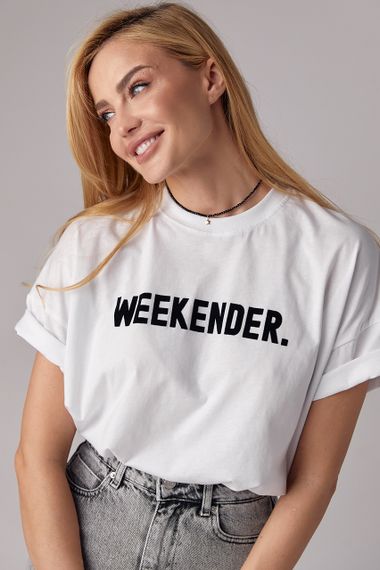 Трикотажная футболка с надписью Weekender - белый с черным цвет, M (есть размеры) | Зображення 8