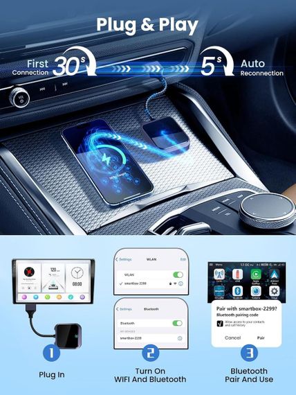 Бездротовий адаптер CarPlay Android Auto, WiFi, Bluetooth, для авто з 2016 року Android 10+, USB-A/Type-C, Карплей | Зображення 5