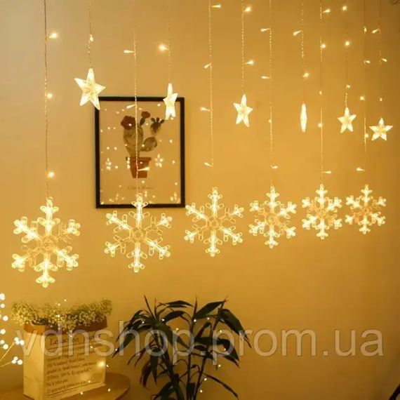 Новорічна світлодіодна гірлянда шторка "Сніжинки та Зірки" | Зображення 1