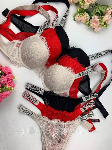 Комплект Вікторія Сікрет з мереживом і стразами, Бюстгальтер Пуш-Ап, Мереживний Комплект Victoria's Secret