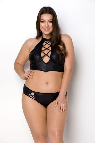 Комплект з екошкіри Passion Nancy Bikini 4XL/5XL black, бра та трусики з імітацією шнурівки, 4XL/5XL
