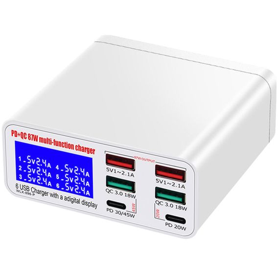 Зарядная станция с дисплеем на 6 портов Addap MCS-896P, мультизарядное устройство с 4×USB-A и 2×Type-C портами, 87W | Зображення 1