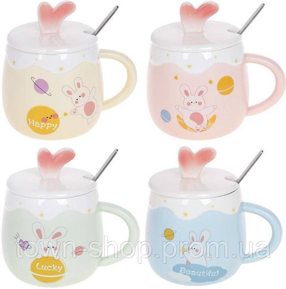 Кружка фарфоровая "Funny Rabbits" 430мл с крышкой и ложкой, 4 дизайна BD-927-225