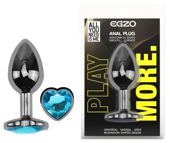 Анальна пробка EGZO Dark Silver Heart Plug Aqua S, металева, з кристалом Sex Aura