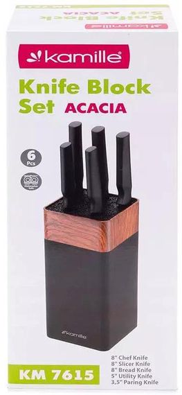 Набір 5 кухонних ножів Kamille Acacia Black з підставкою-колодою | Зображення 6