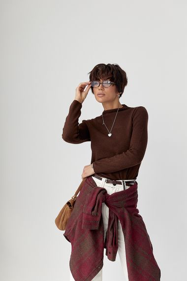 Однотонний жіночий гольф з горловиною-стійкою - коричневий цвет, ONE SIZE (є розміри)