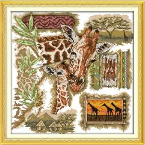Набор для вышивания по нанесённой на канву схеме "The African giraffes" .AIDA 14CT printed, 45*45 см
