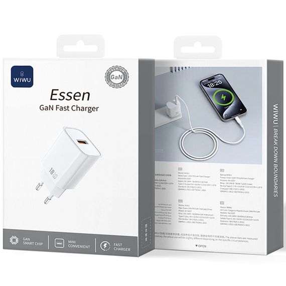 СЗУ WIWU G006 Essen QC3.0 18W GaN (1USB-A) White | Зображення 1