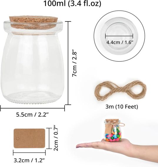 Баночки скляні з корком 100 мл, 23 шт, прозорі з етикетками та мотузкою, для солодощів, меду, йогурту свічок спецій банки маленькі | Зображення 1