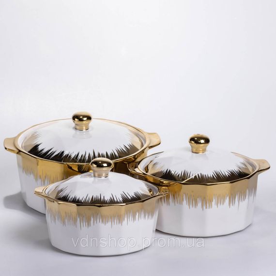 Набір супниць порцелянових 3 (шт) 1.5/2/3 (л)  каструлі бульйонниці з кришкою та ручками для дому та ресторану з позолотою | Зображення 2