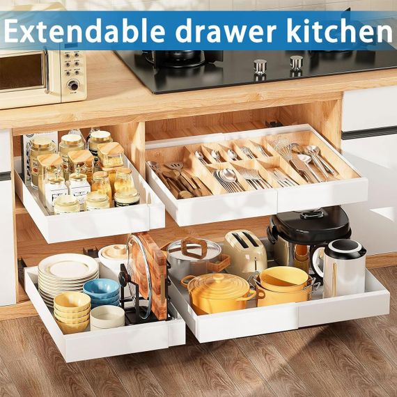 Телескопічна висувна шухляда 32-52 см для шафи, кухні, мийки, ящик органайзер для спецій посуду приборів, білий на клейкій основі | Зображення 5