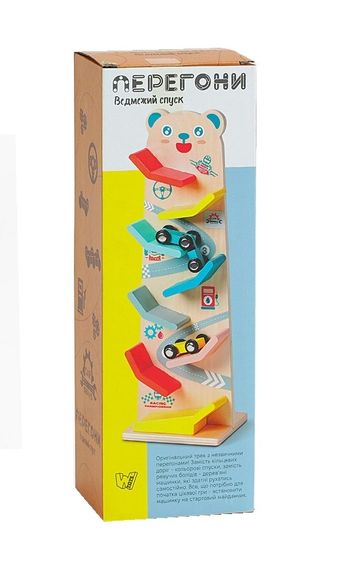 Трек деревянный C 61463 WToys, 8 спусков, 4 машинки, в коробке (6900067614636)