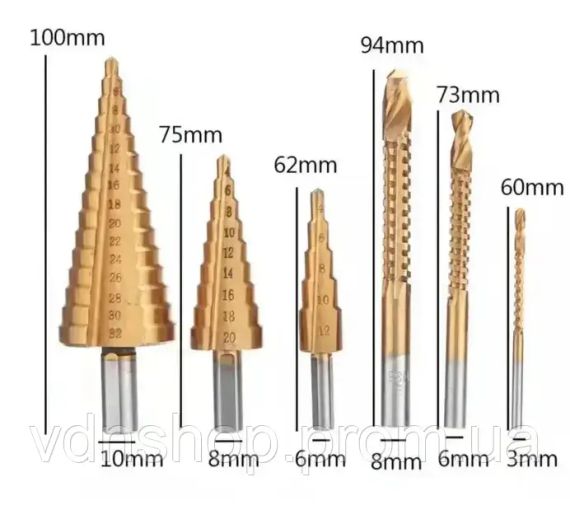 Набір східчастих свердлів з титановим покриттям 6 штук у кейсі | Зображення 1