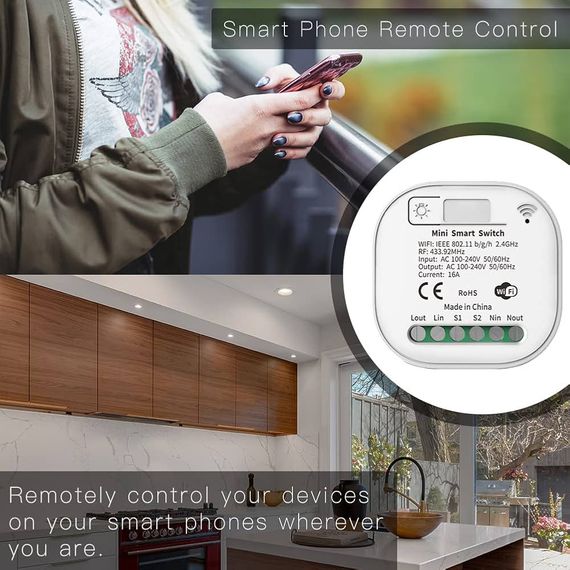 Проходной беспроводной выключатель WIFI RF433 с реле белый не требует батарейки. | Зображення 2