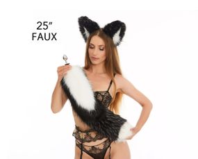 Анальний хутряний хвіст без пробки, Триколірний: Білий, чорний, чорнобурий з білим кінчиком, OKOVA 60 см. Sex Aura