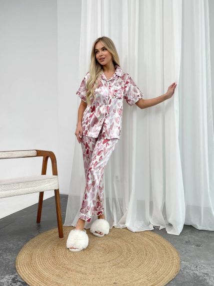 Шовкова рожева піжамка з сердечками з коротким рукавом | Зображення 5