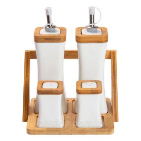 Набор для специй фарфоровый 4 предмета на бамбуковой подставке HP-1221