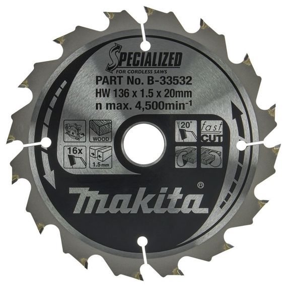 Диск пильный по дереву для аккумуляторных пил 136х20 мм 16T Makita SPECIALIZED B-33532