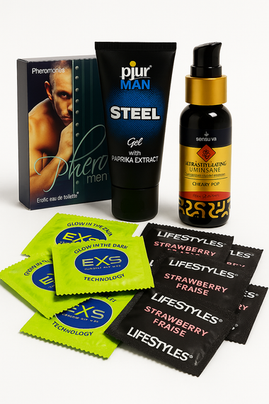 COMBO набір - (PHEROMEN + гель pjur MAN + змазка Sensuva + Lifestyles + EXS) L