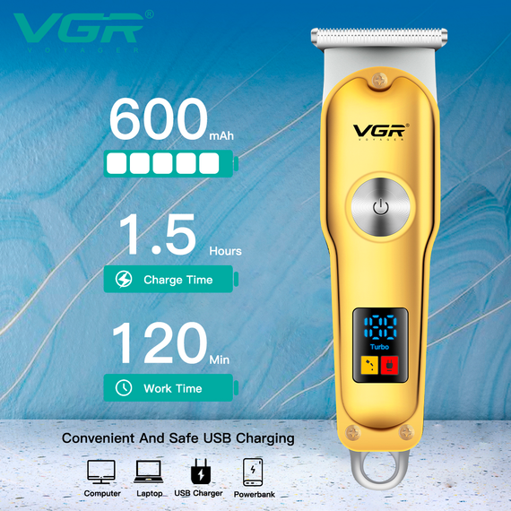 Триммер аккумуляторный для стрижки VGR V-290 GOLD, 3 насадки, LED дисплей | Зображення 7