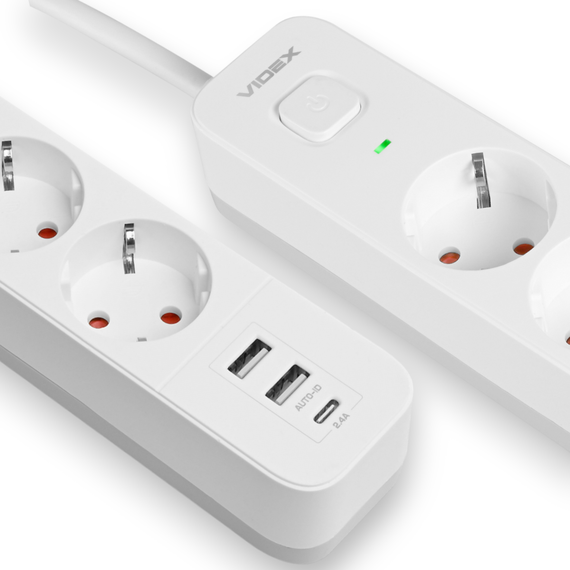 Мережевий подовжувач 3 м 3 гнізда з 2USB + USB-C заземленням і кнопкою VIDEX VF-PD33G2U1C-W | Зображення 1