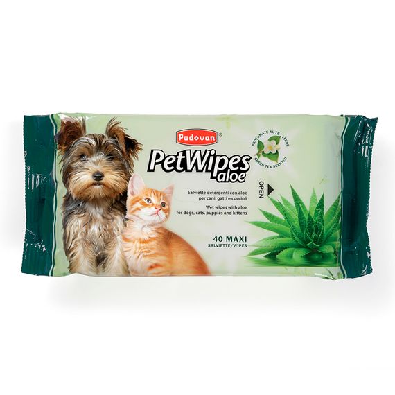 Padovan Pet Wipes Aloe очищувальні вологі серветки для собак та котів з алоє віра, 40 шт