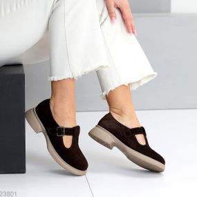 Замшеві демі туфлі на ремінці натуральна замша низький хід колір Шоколад