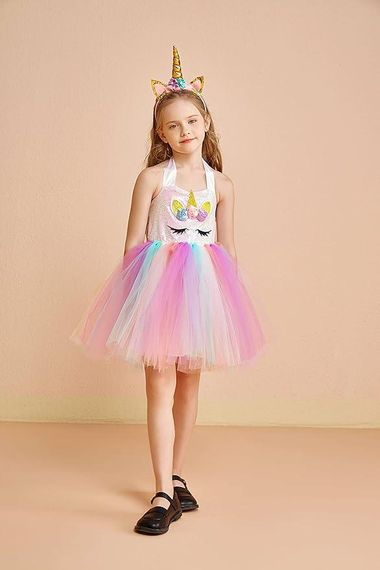 Сукня єдинорога для дівчинки 7–8 років святкова з райдужною обʼємною спідницею, обручем, наряд на день народження, Хелловін свята | Зображення 5