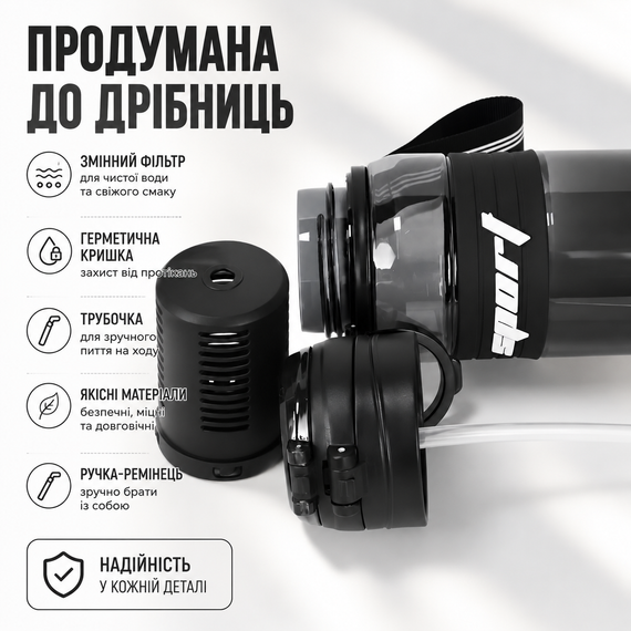 Спортивная эко-бутылка для воды 800 мл (BPA Free) с фильтром, соломинкой и ремешком - Черная | Зображення 5