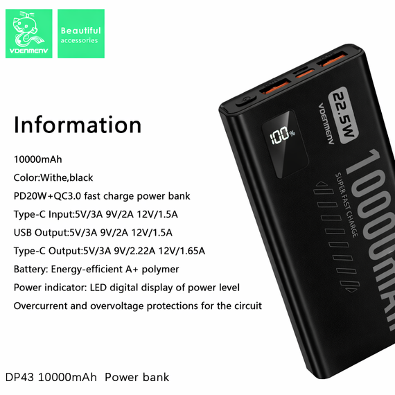 Павербанк VDENMENV DP43 10000mAh 22.5W PD + QC 3.0 з дисплеєм, чорний | Зображення 6