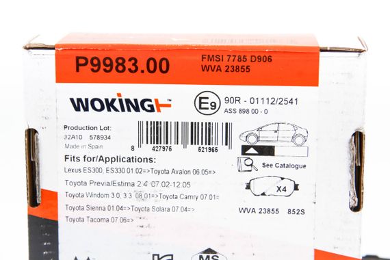 Колодки передні гальмівні Toyota Camry/Lexus ES 2.4-3.0 01-08 (ATE), WOKING (P998300) | Зображення 2