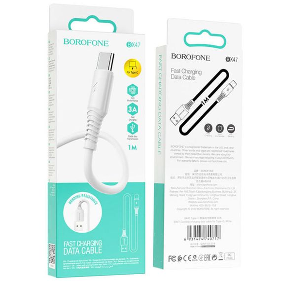 Кабель BOROFONE BX47 USB to Type-C, 3A, 1m, PVC, PVC connectors, White | Зображення 3