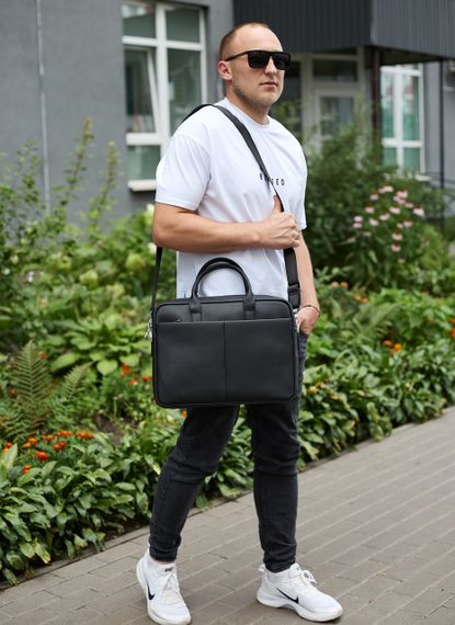 Чоловічий портфель на плече 38х28х8.5, офісний шкіряний месенджер, чоловіча ділова сумка для міста, чорна | Зображення 3