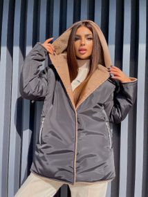 Женская теплая двухсторонняя куртка на меху LY30340 цвет черный + бежевый, размер 42/48