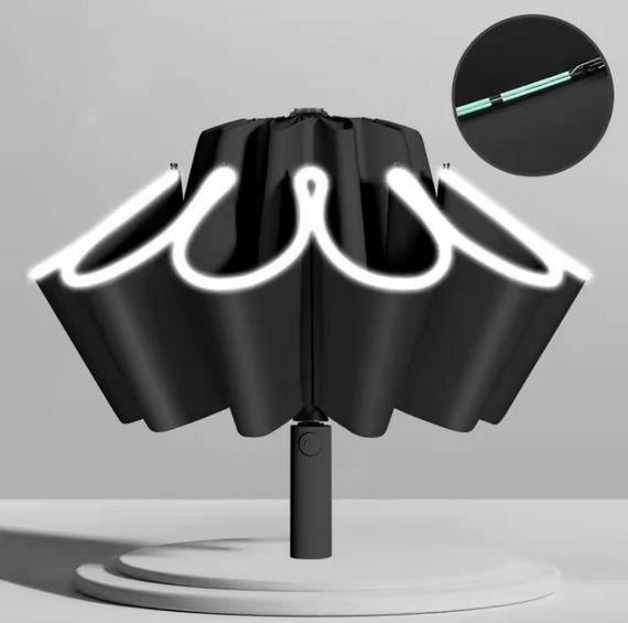 Парасолька реверсивна з рефлекторною смугою, повний автомат, чорна