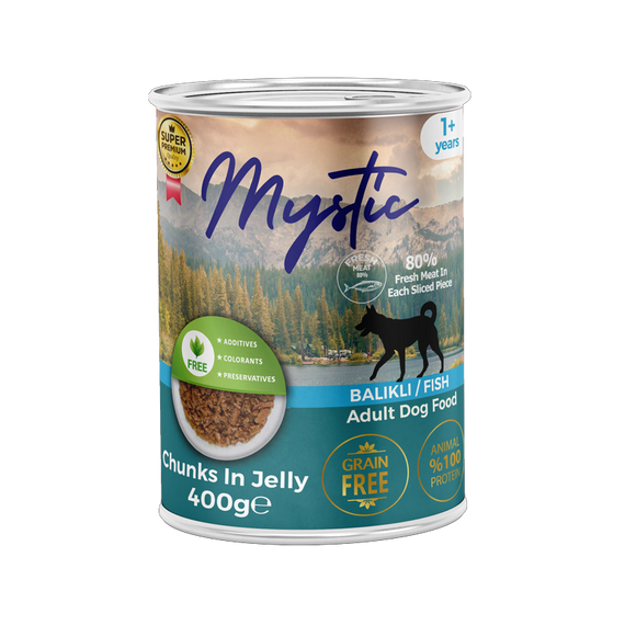 Влажная корма Mystic для СОБАК кусочки РЫБЫ в желе 400г конс.