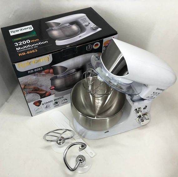 Електричний планетарний міксер тістоміс Rainberg RB-8083 3200 Вт з насадками. Колір: білий