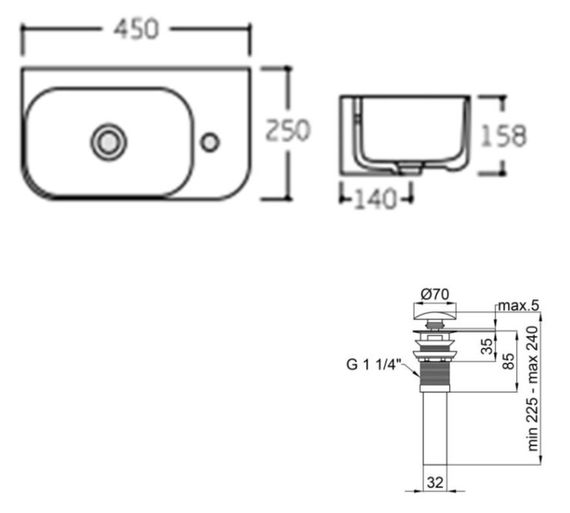 Комплект Qtap Tern: Раковина підвісна прямокутна права 450х250х158 мм White + Донний клапан PU02O (QT17115117RWN47328) | Зображення 1