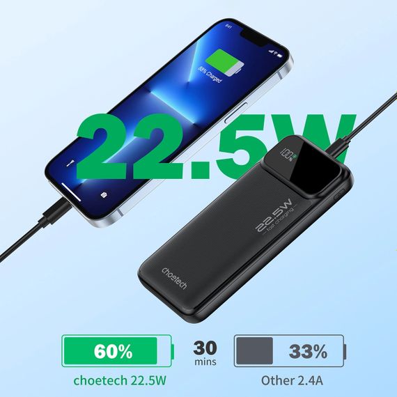 УМБ Choetech 10000mAh 22.5W PD,QC3.0 2USB-A+USB-C Black | Зображення 1