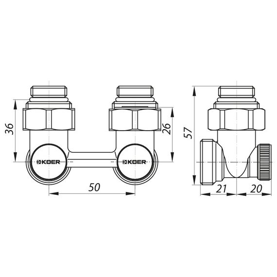 Узел нижнего подключения радиатора 3/4'' угловой (комплект) Koer KR.1132 (KR2816) | Зображення 1