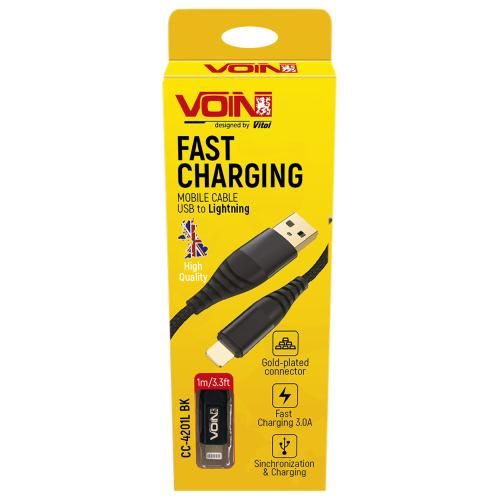 Кабель VOIN CC-4201L BK USB - Lightning 3А, 1m, black (швидка зарядка/передача даних) | Зображення 1