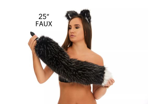 Анальний хутряний пухнастий хвіст без пробки, Чорнобурий з білим кінчиком, OKOVA 60 см. sexstyle