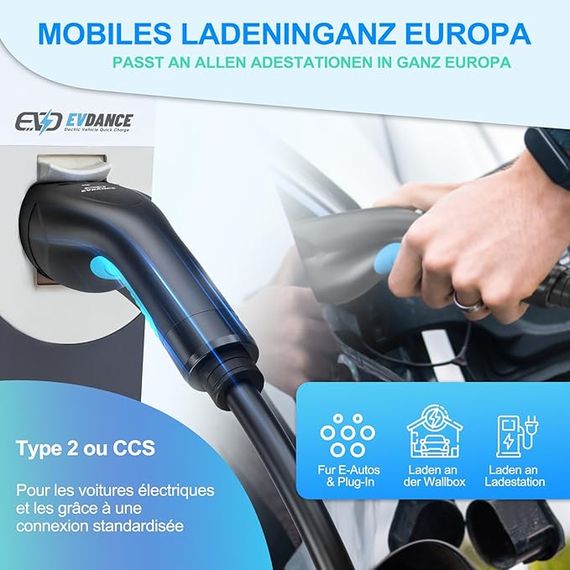 Зарядний кабель EVDANCE Type2 для автомобіля 11 кВт, 16 А, 6 м, 3-фазний заряд електромобіля IP65 | Зображення 1