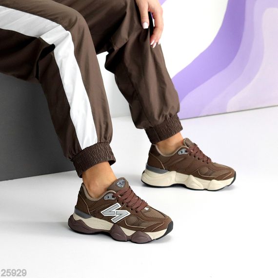 Трендовые комбинированные шоколадные кроссовки в стиле спорт-шик | Зображення 3